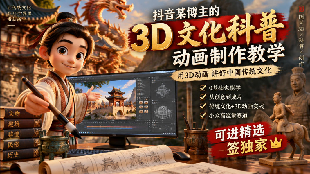 抖音某博主的3D文化科普动画制作教学,用3D动画呈现中国传统文化,可进精选签独家,单日收益1k+-赛德副业库