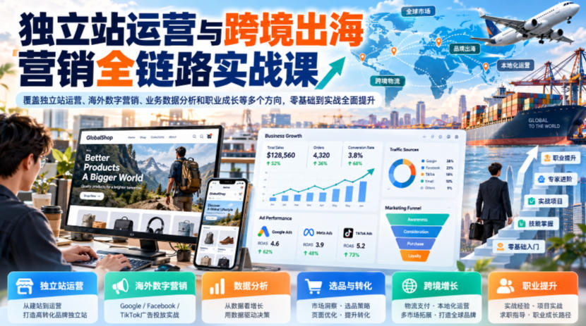 独立站运营与跨境出海营销全链路实战课,覆盖独立站运营、海外数字营销、业务数据分析和职业成长等多个方向,零基础到实战全面提升-赛德副业库