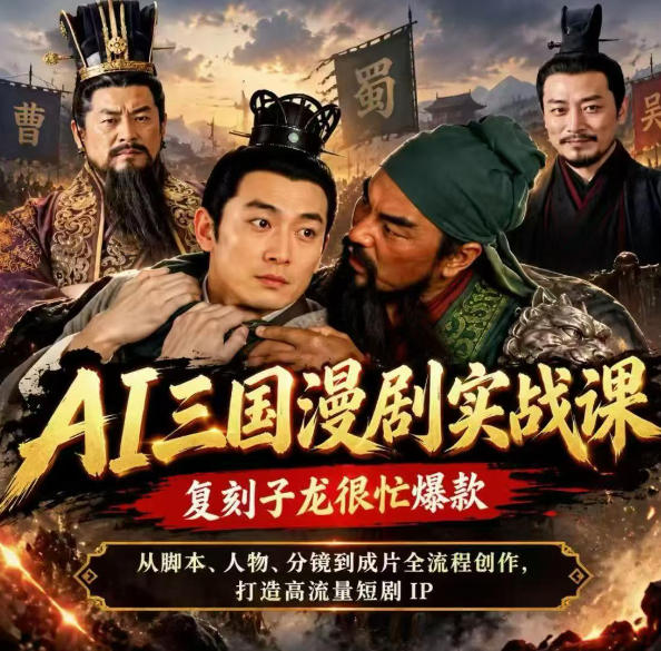 抖音14W粉博主同款AI三国漫剧实战课,复刻子龙很忙爆款,从脚本、人物、分镜到成片全流程创作,打造高流量短剧IP-赛德副业库