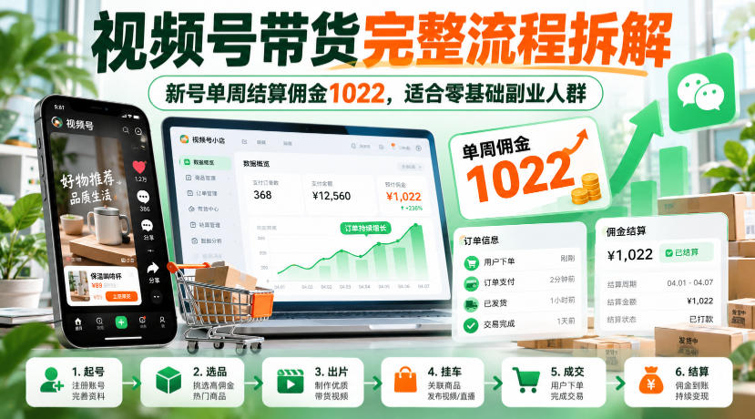 视频号带货完整流程拆解，新号单周结算佣金1022，适合零基础副业人群-赛德副业库