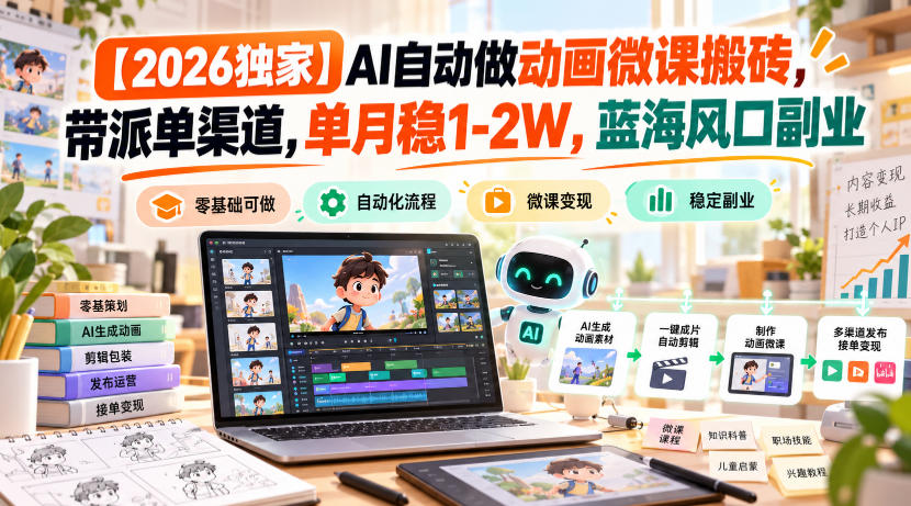 【2026独家】AI自动做动画微课搬砖，带派单渠道，单月稳1-2W，蓝海风口副业【揭秘】-赛德副业库