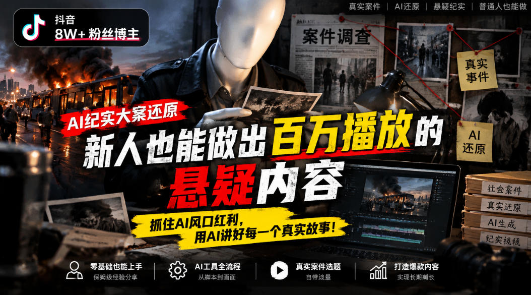 抖音8W粉丝博主的AI纪实大案还原教学,新人也能做出百W播放的悬疑内容,抓住AI风口红利,用AI讲好每一个真实故事-赛德副业库