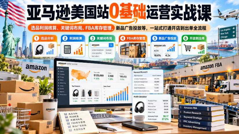 亚马逊美国站0基础运营实战课|选品利润核算、关键词布局、FBA库存管理、新品广告投放等,一站式打通开店到出单全流程-赛德副业库
