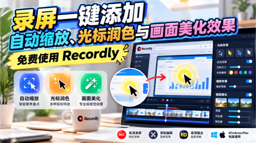 录屏一键添加自动缩放、光标润色与画面美化效果，免费使用Recordly-赛德副业库