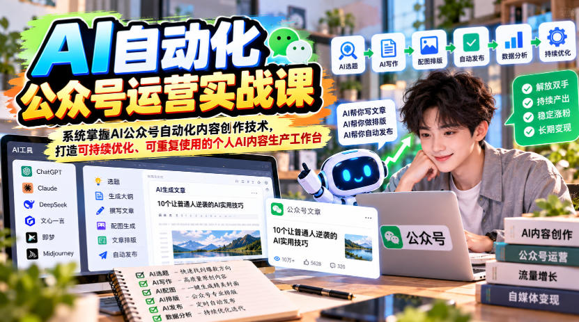 AI自动化公众号运营实战课,系统掌握AI公众号自动化内容创作技术,打造可持续优化、可重复使用的个人AI内容生产工作台-赛德副业库