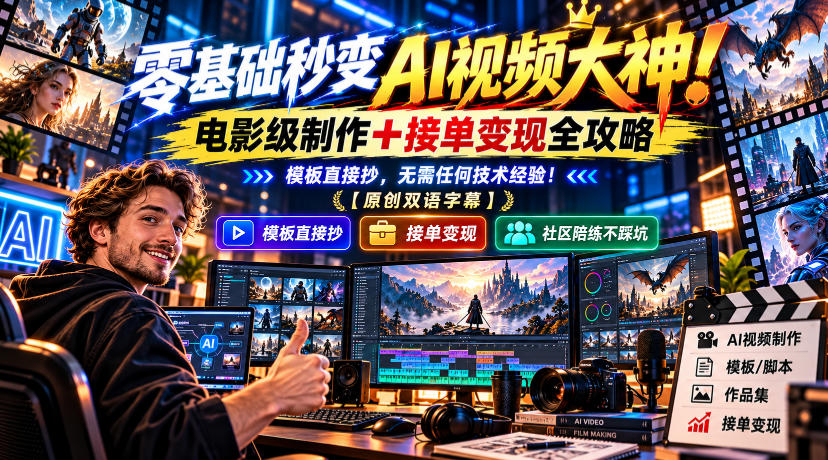 零基础秒变AI视频大神！电影级制作+接单变现全攻略，模板直接抄，无需任何技术经验！【原创双语字幕】-赛德副业库