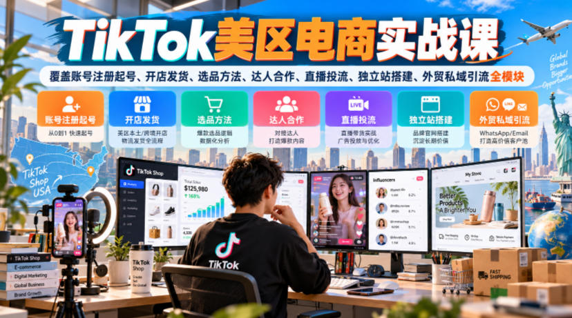 TikTok美区电商实战课,覆盖账号注册起号、开店发货、选品方法、达人合作、直播投流、独立站搭建、外贸私域引流全模块-赛德副业库