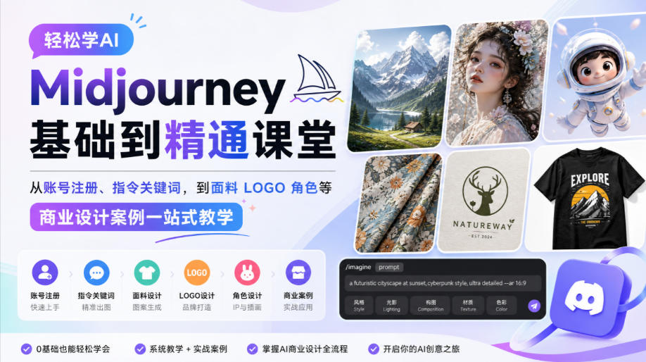 轻松学AI Midjourney基础到精通课堂,从账号注册、指令关键词,到面料LOGO角色等商业设计案例一站式教学-赛德副业库