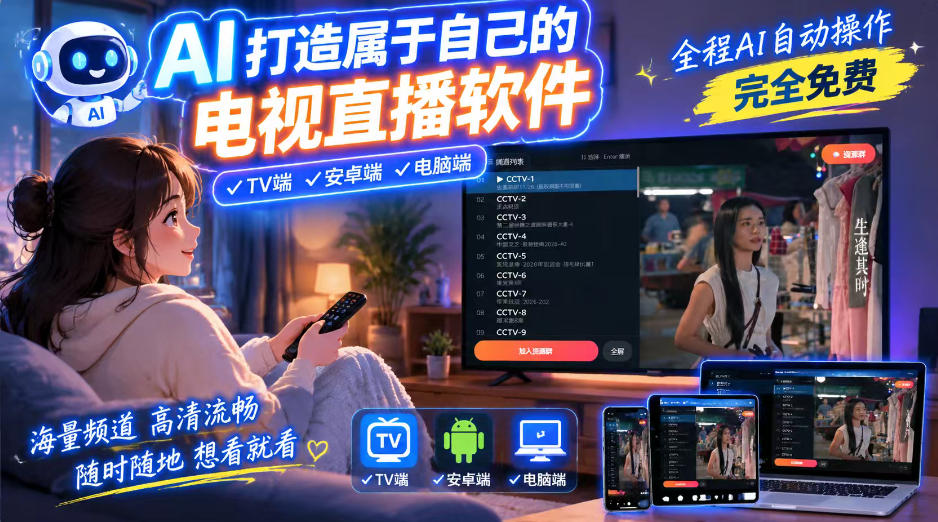 一个提示词，AI全自动做出电视直播软件，电脑、安卓、电视三端通用，完全免费，画质流畅不卡顿-赛德副业库