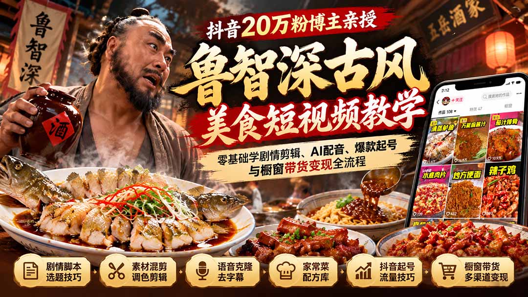 (21285期)抖音20万粉博主亲授鲁智深古风美食玩法:零基础学剧情剪辑、AI配音、爆款起号与橱窗带货变现全流程-赛德副业库